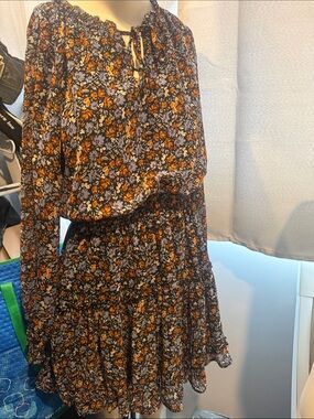 Japna Black Floral Long-Sleeve Tiered Dress with Orange and White Flowers